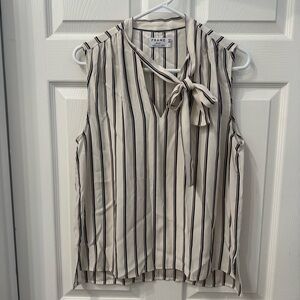 Frame Sleeveless Silk Blouse: Cream with Black and Burgundy Stripes. Size M.
